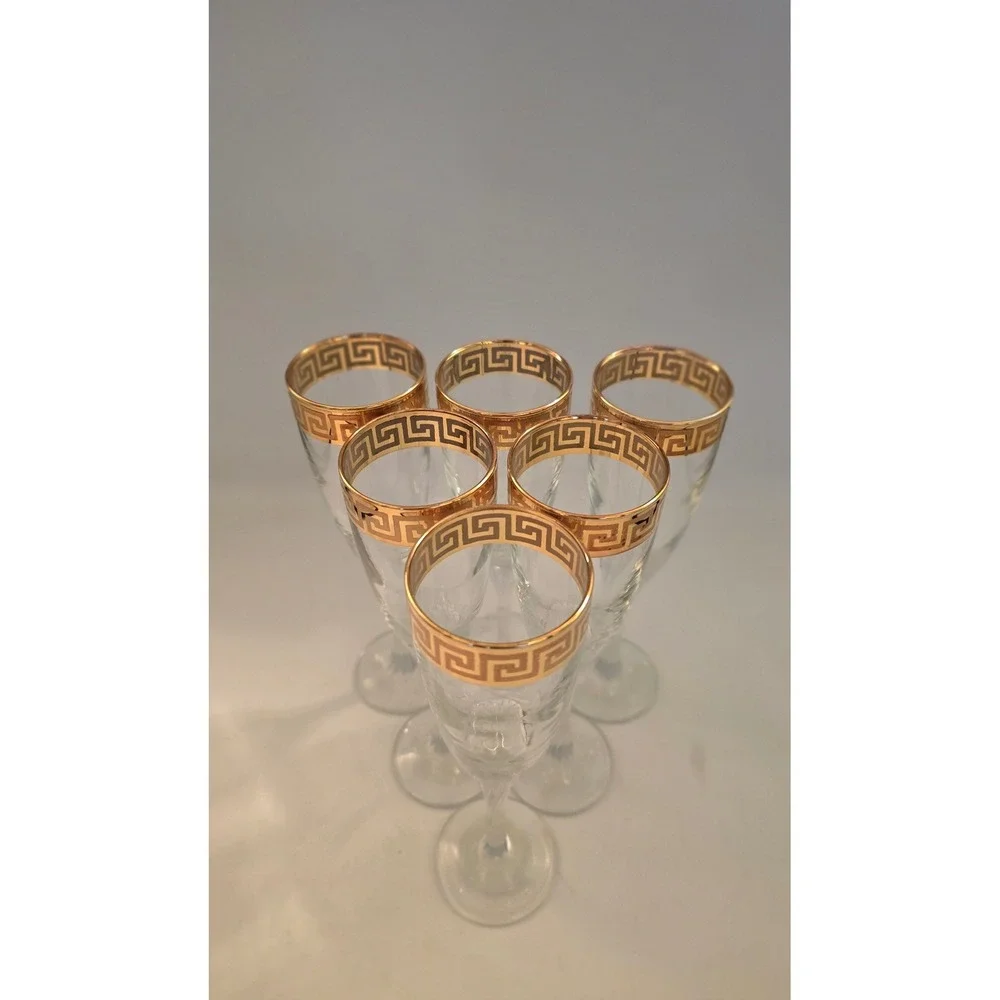 Vintage Greek Key Gold Rim Champagne Flutes Swirl‎ Stem Set of 6 8.75 Inch